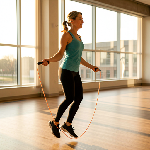 woman jumping rope in well lit empty gym
