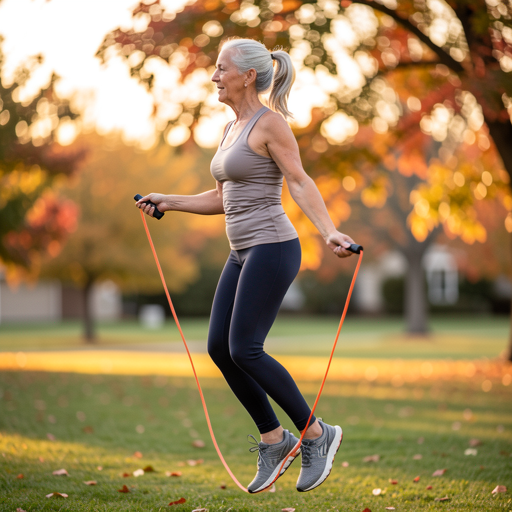 older woman jumping rope in a park
